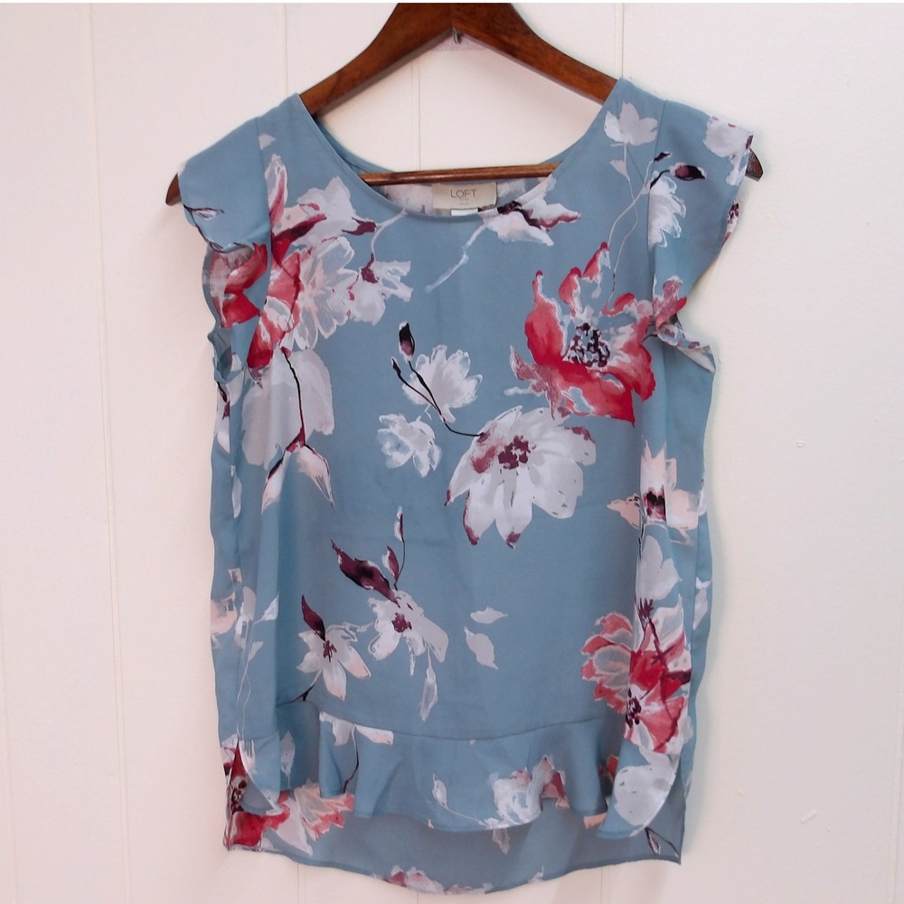 Loft‎ Outlet Floral Ruffle Sleeve Blouse Top Blue Red White Women's PS / #7272